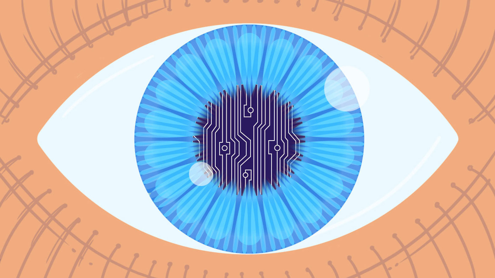 Illustration of eye with circuit board inside pupil