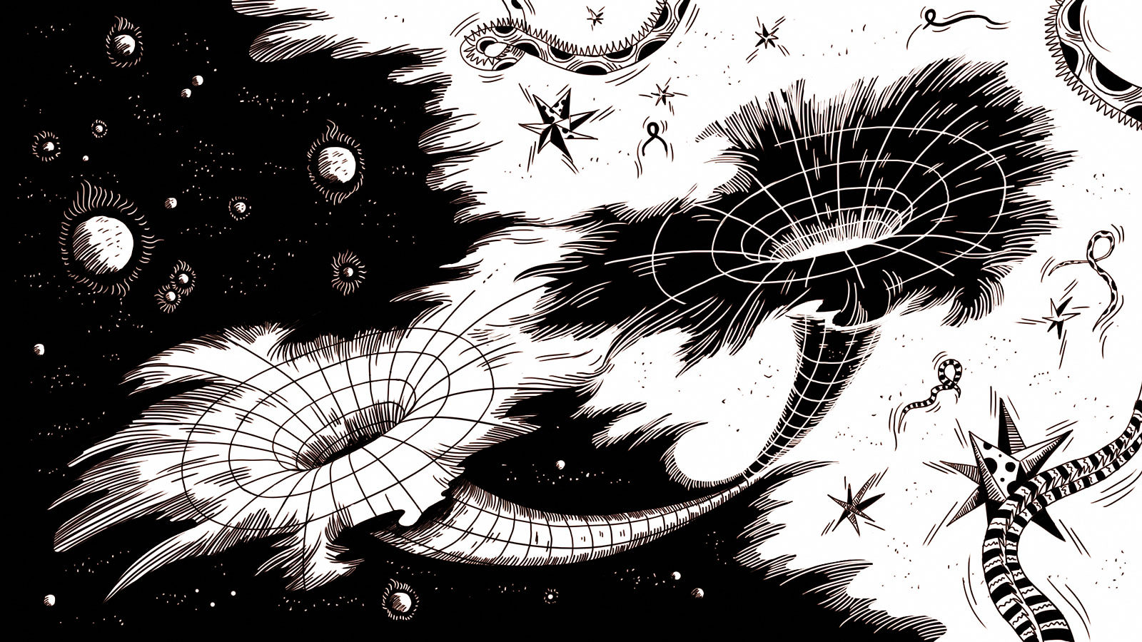 Illustration of split screen black and white, of black holes