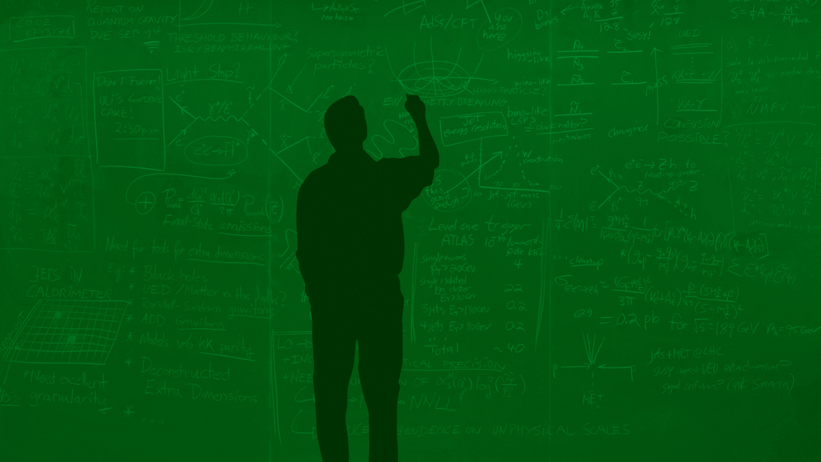 Illustration of figure of man at a supersymmetry blackboard