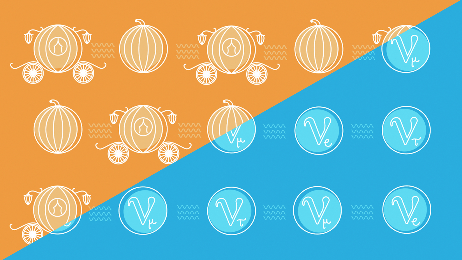 Illustration of Cinderella and her pumpkin: diagonally split orange and blue background