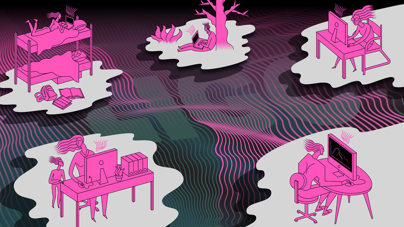 LIGO graphic with waves and plains of people working on computers at desks, in bed, and under trees