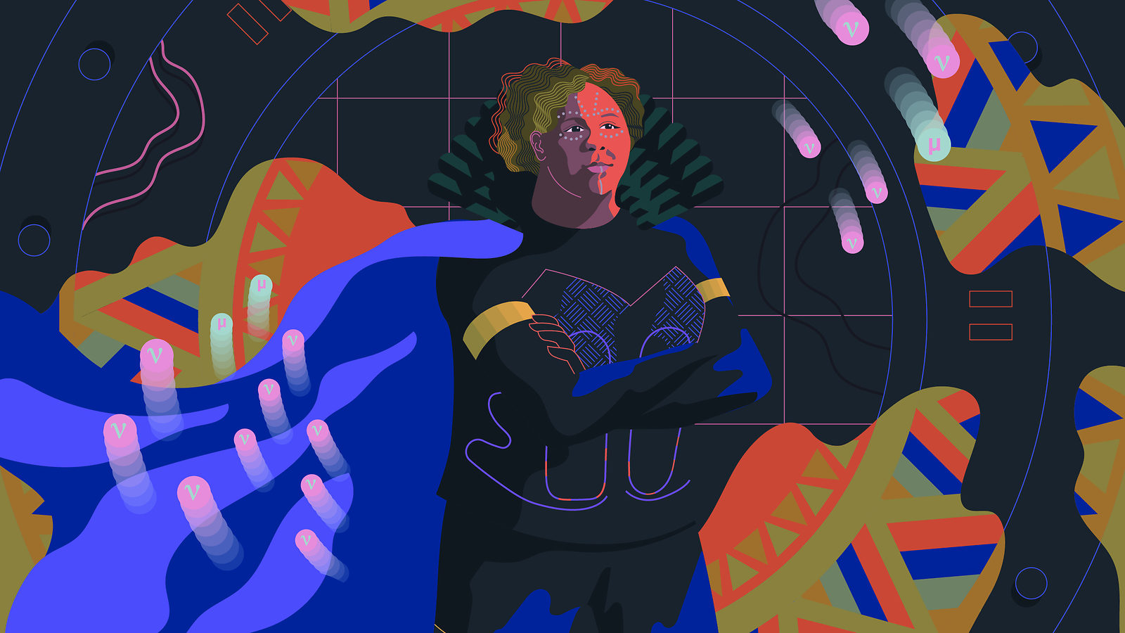 An illustration of a physicist in costume as Shuri from Wakanda