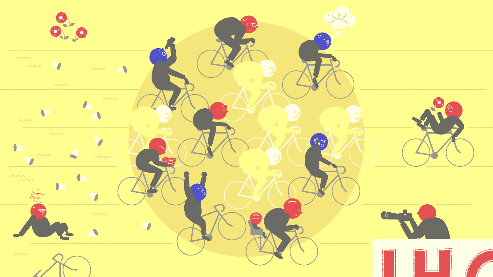 An illustration of humanoid particles riding bicycles