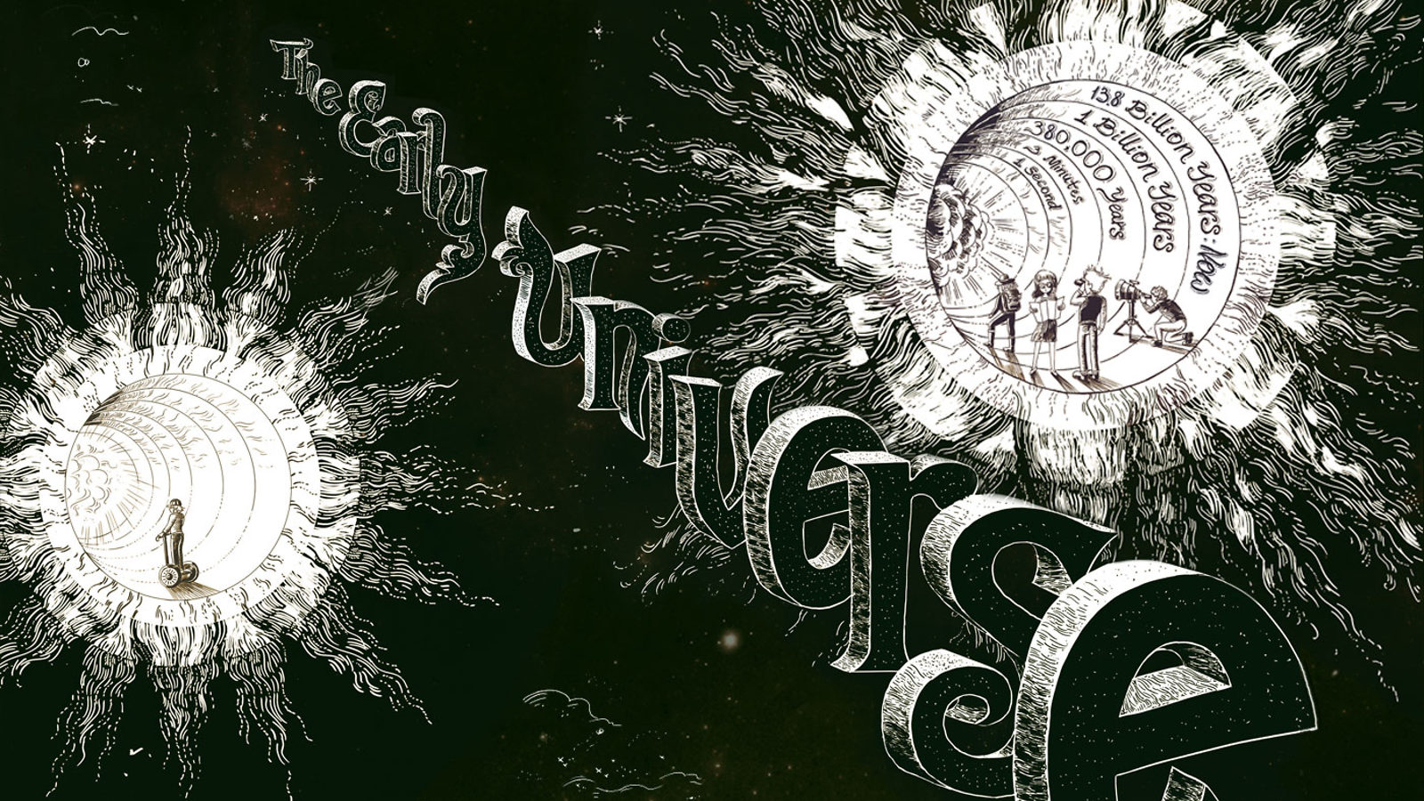 Black and white sketch illustration of the early universe