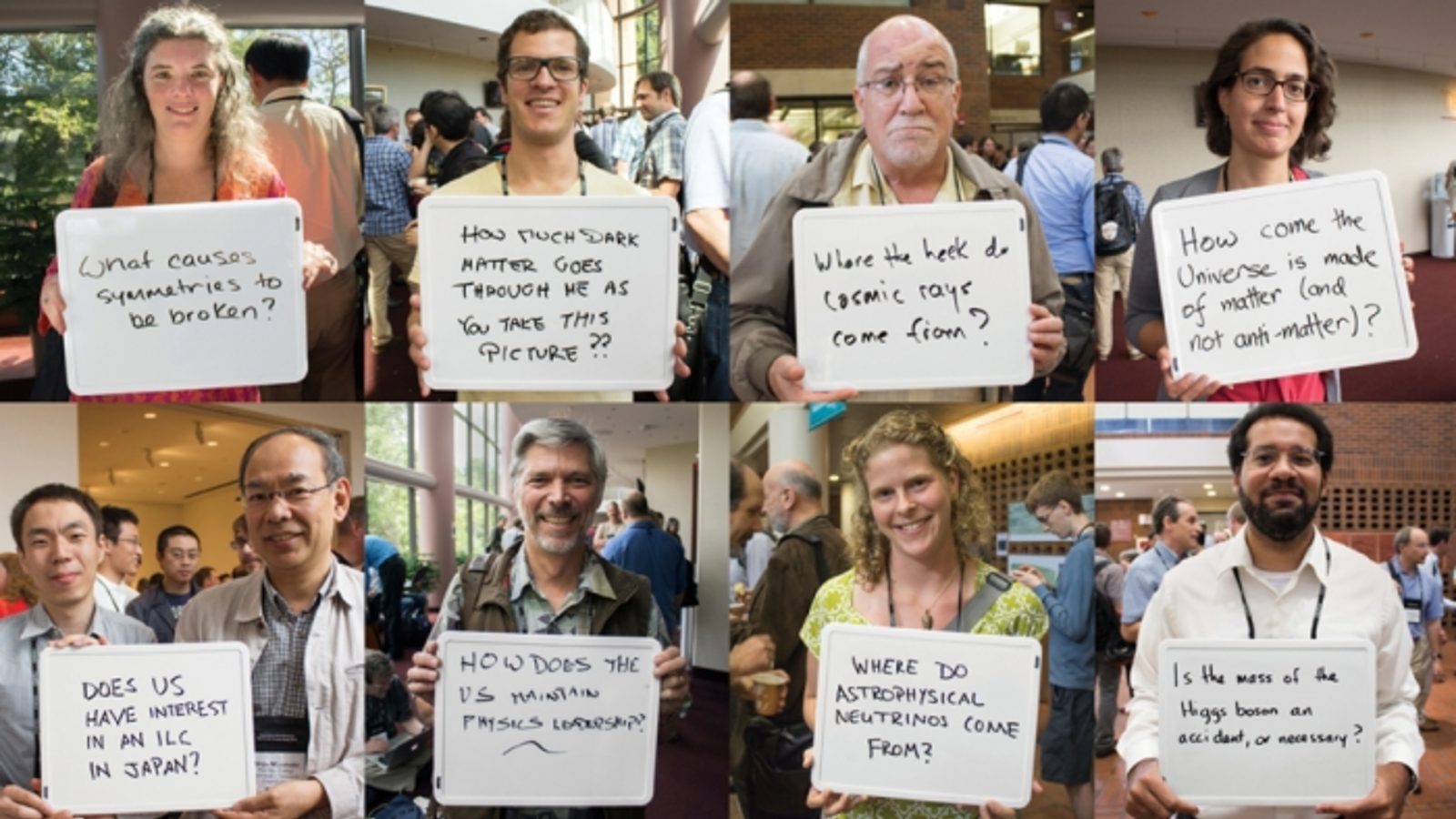 Photo grid of 8 people holding white boards that ask physic questions 