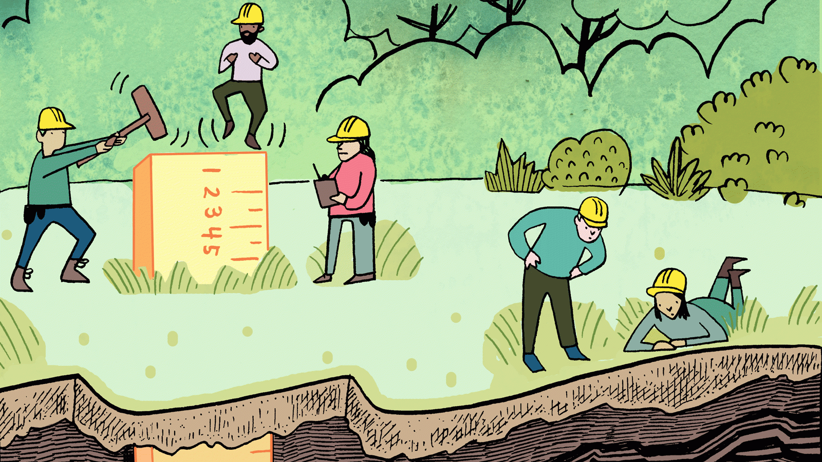 Illustration of 1,000 meters below, men working on pushing ruler into ground