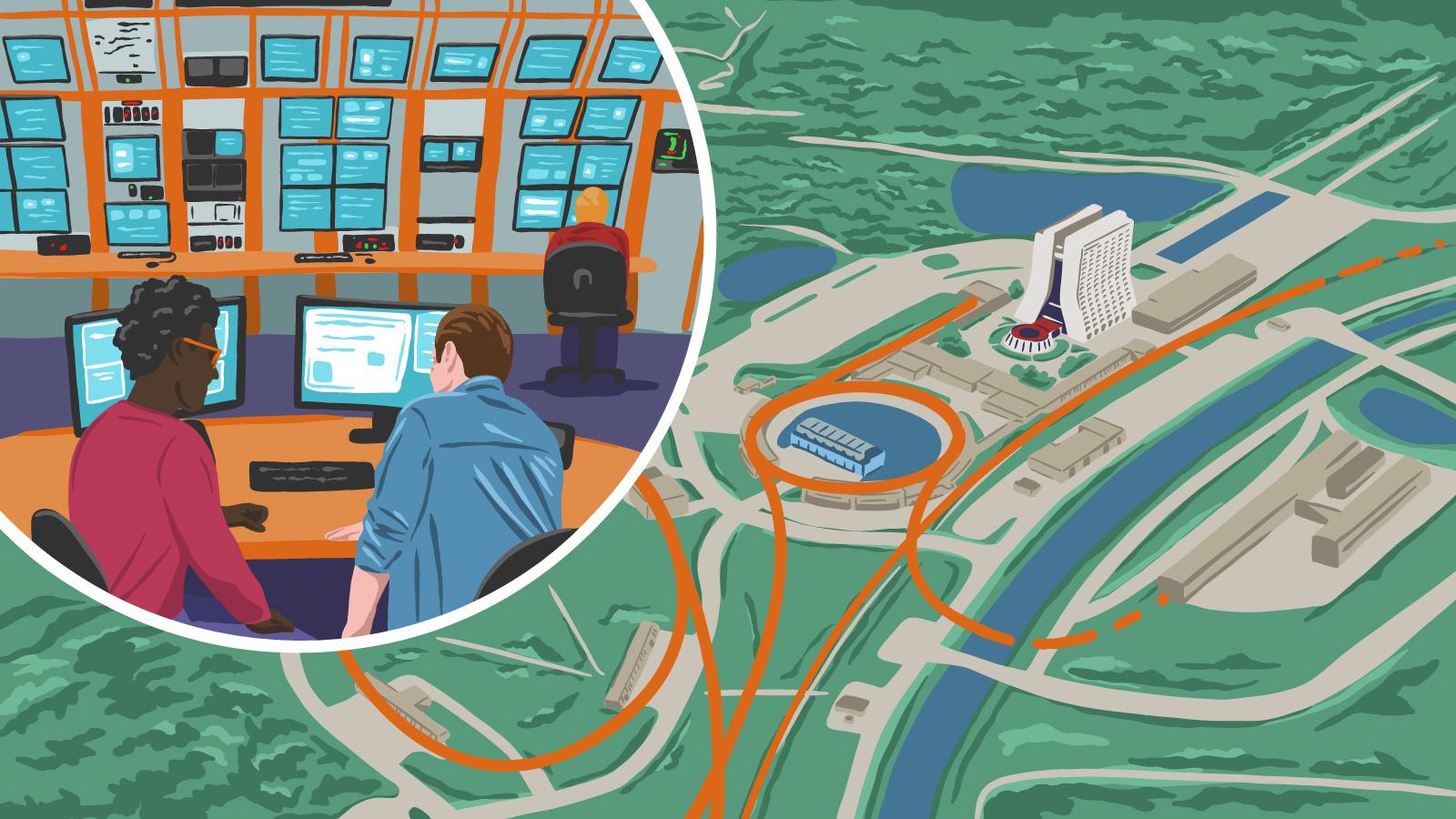 Illustration of accelerator operators in a control lab with Fermilab in the background