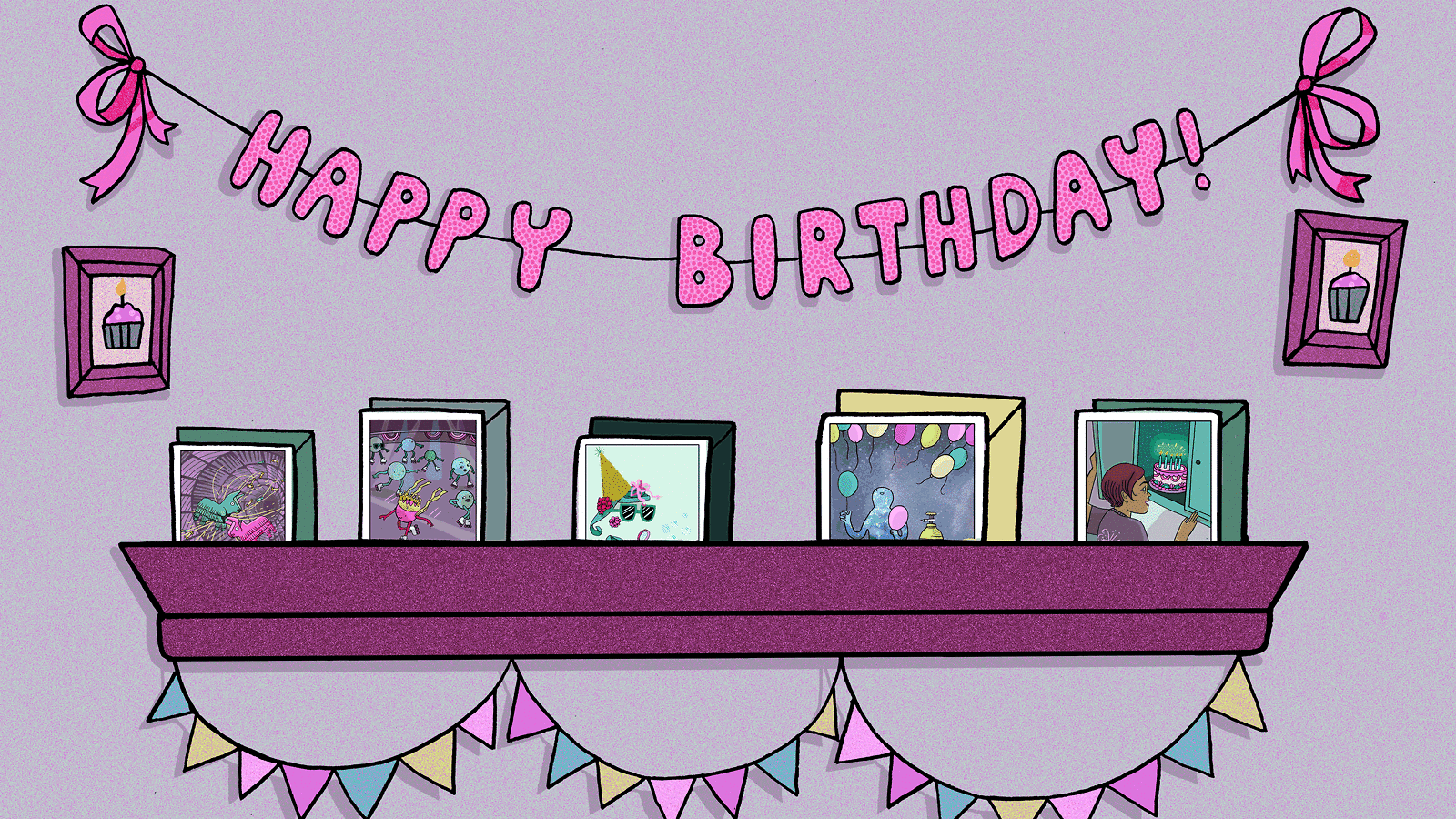 Happy birthday banner over mantle holding birthday cards