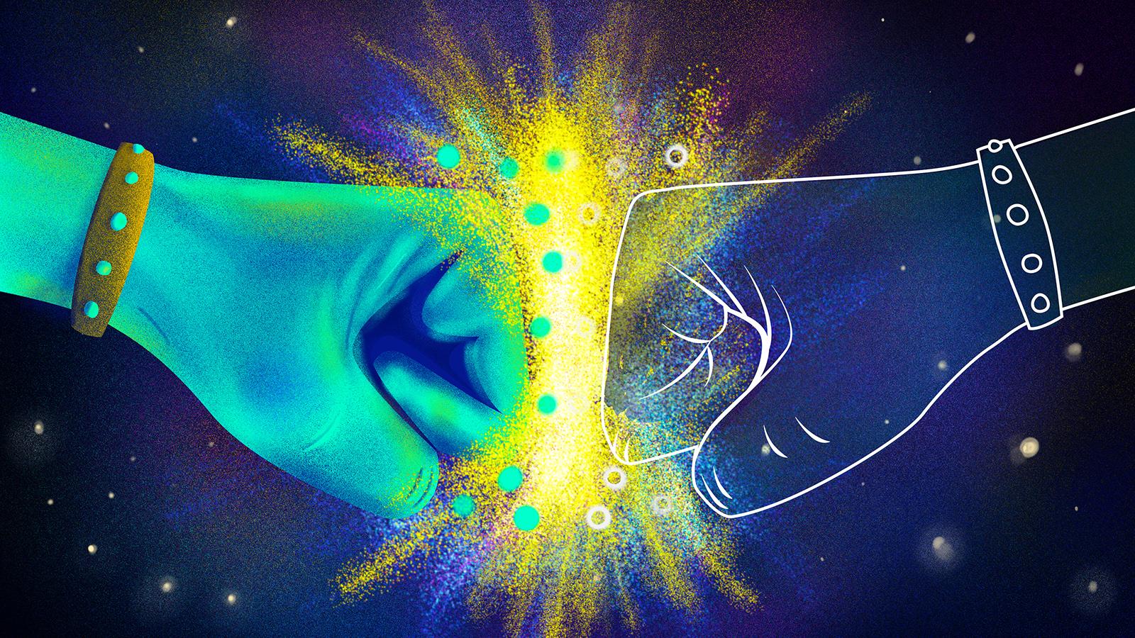 Illustration of a colorful hand and transparent hand bumping fists