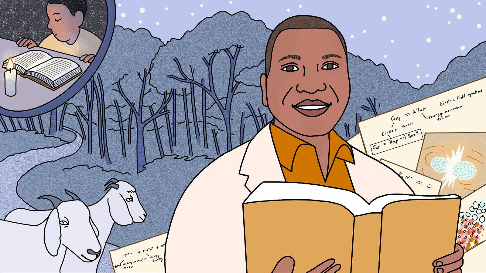 Illustration of Azwinndini Muronga standing in front of images and equations that represent his childhood and his research