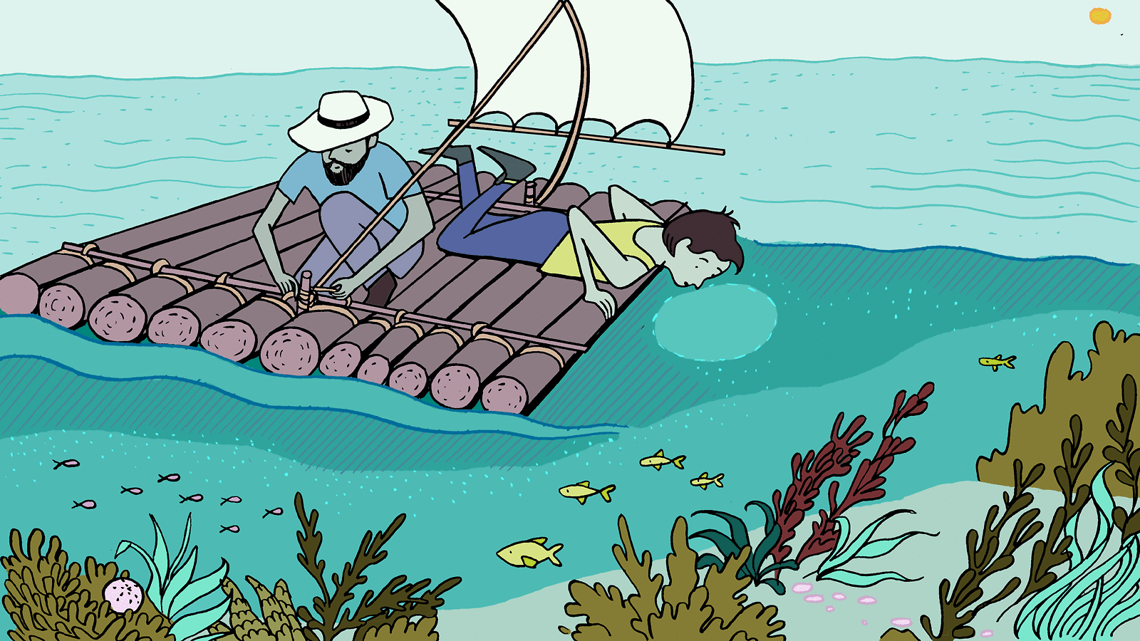 Man and boy sitting on handmade raft with sail in water