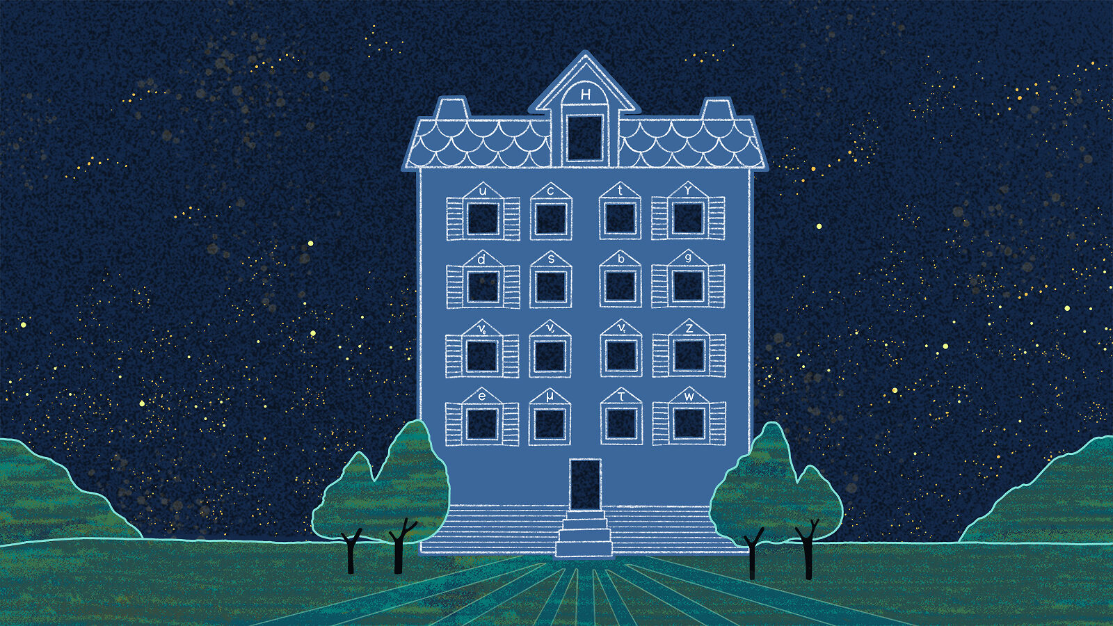 Illustration of the Standard Model as a building with many windows