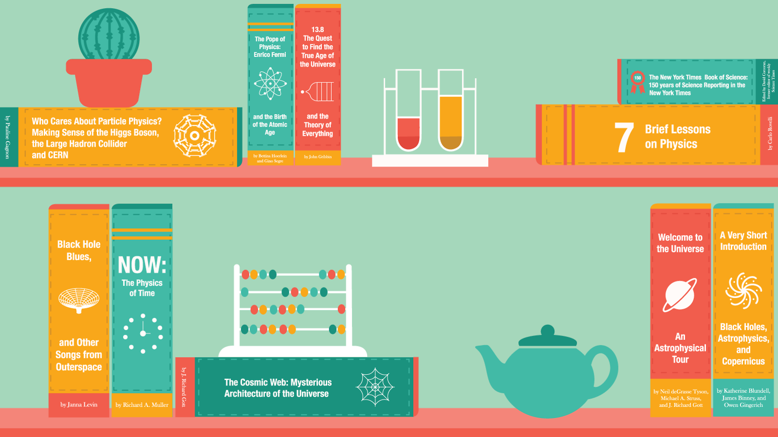 Illustration of physics books on shelf 