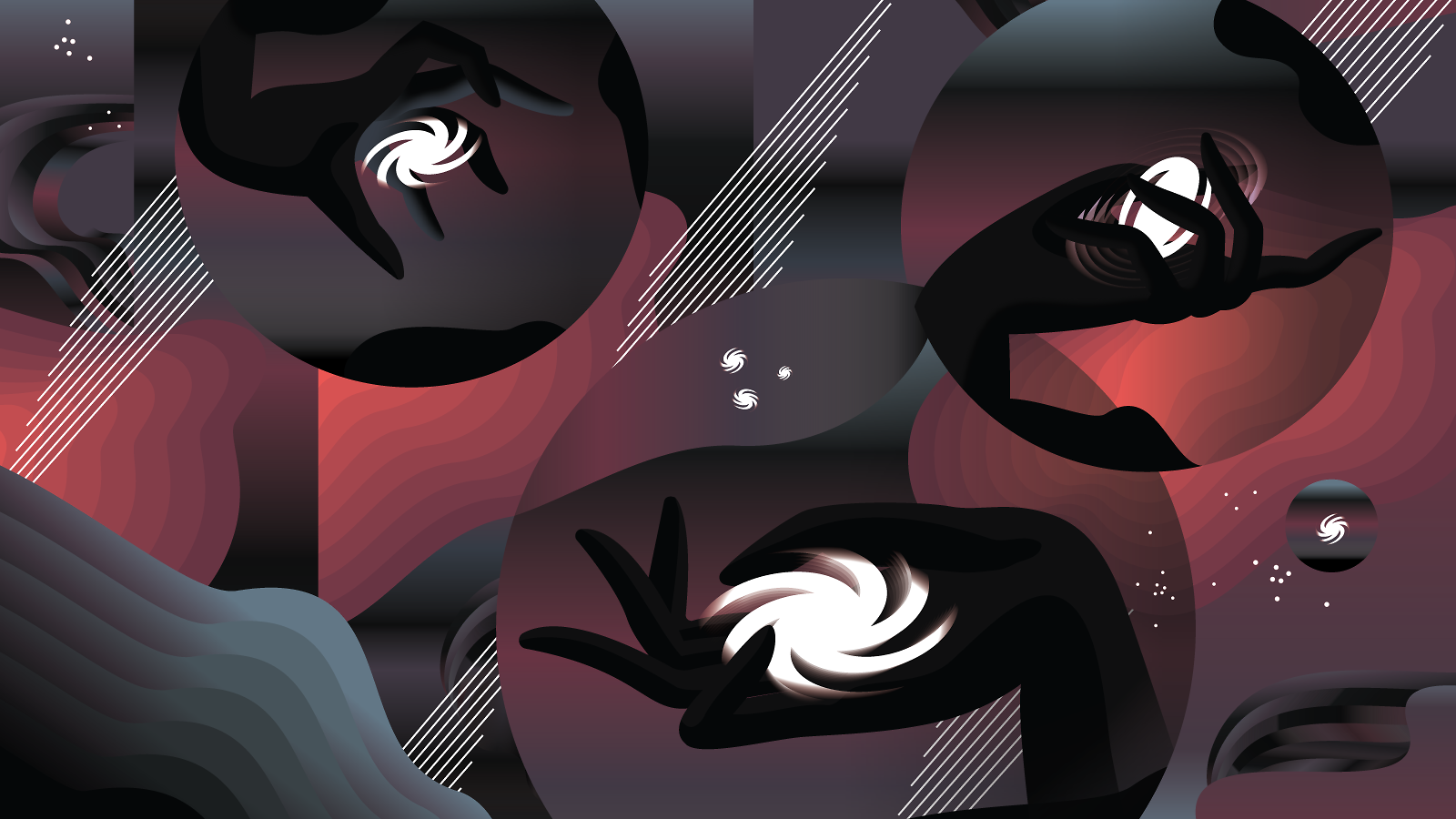 Hands hold galaxies in the palm of their hands with dark matter particles swirling around 