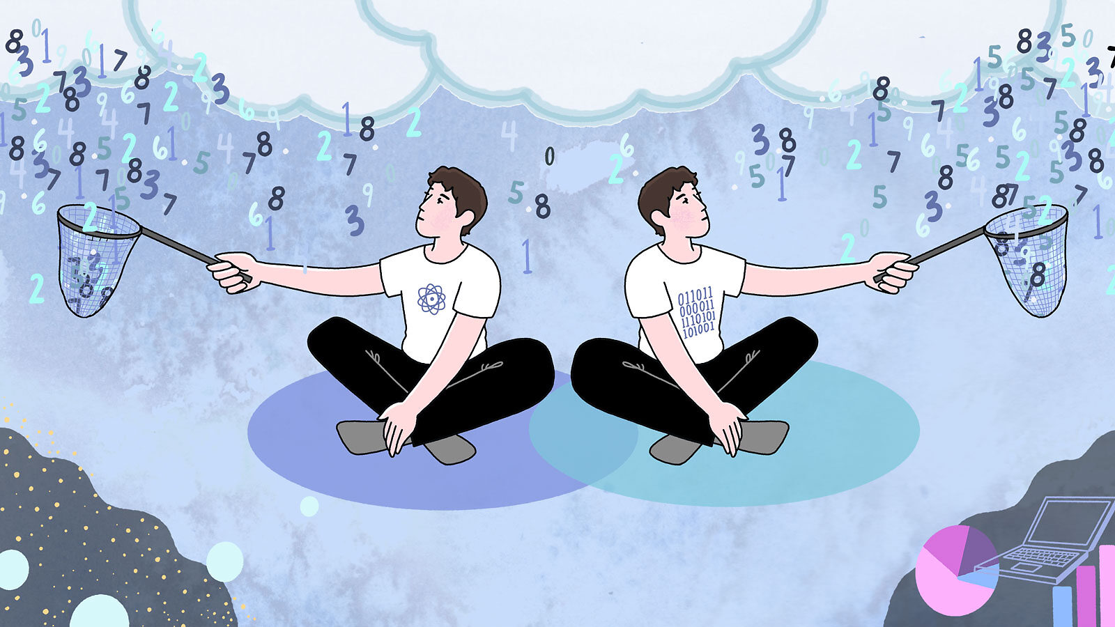 Illustration: Identical people in two different t-shirts “collect” data