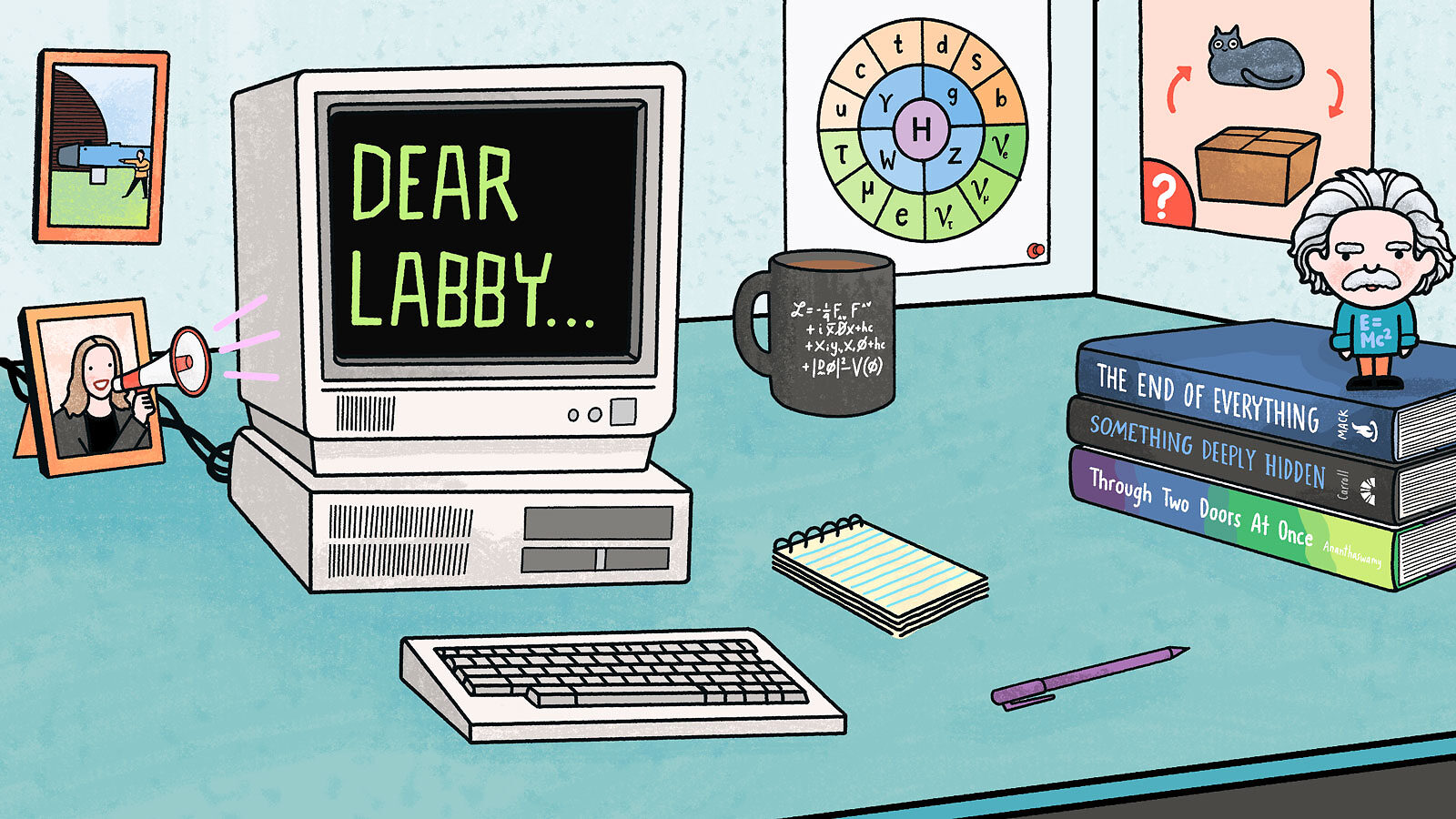 Illustration of a desk of a physicist
