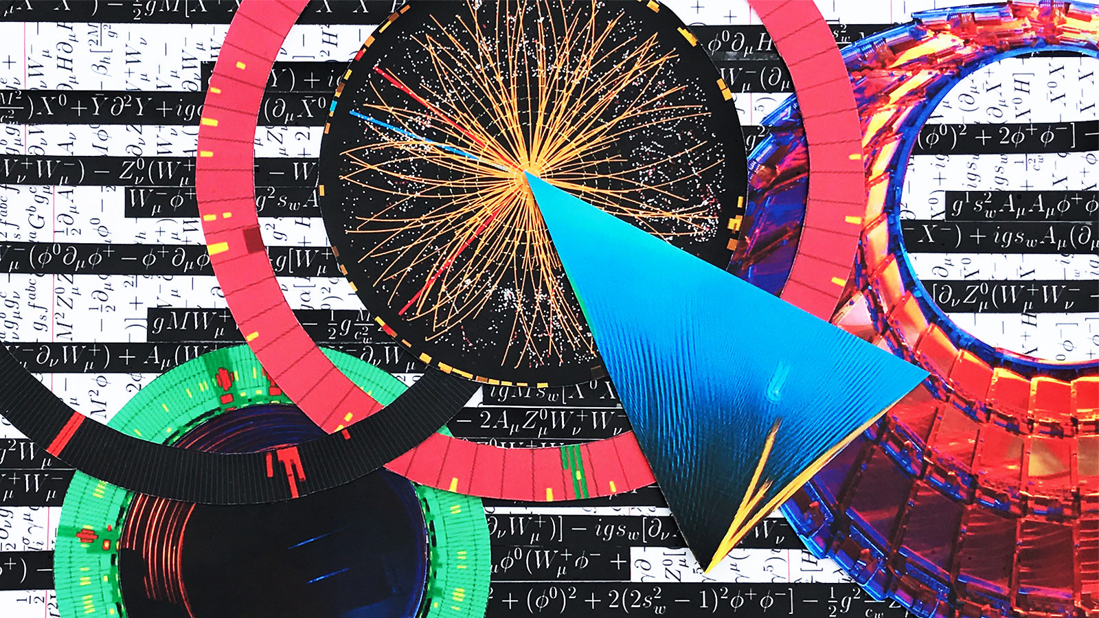 Black and white collage background with equations, circular collage images of different scientific machines on top