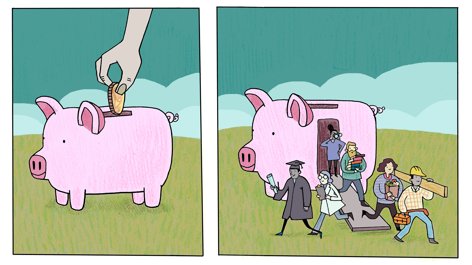 Left: Hand dropping coin into large piggy bank Right: People walking out of piggy bank