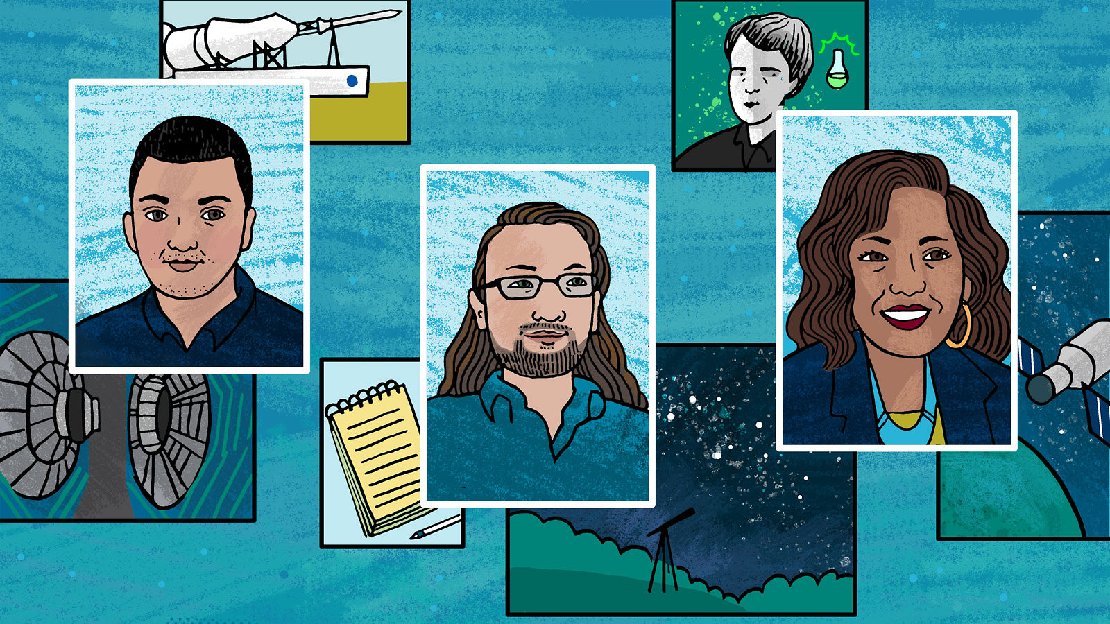 An illustration of the three featured scientists