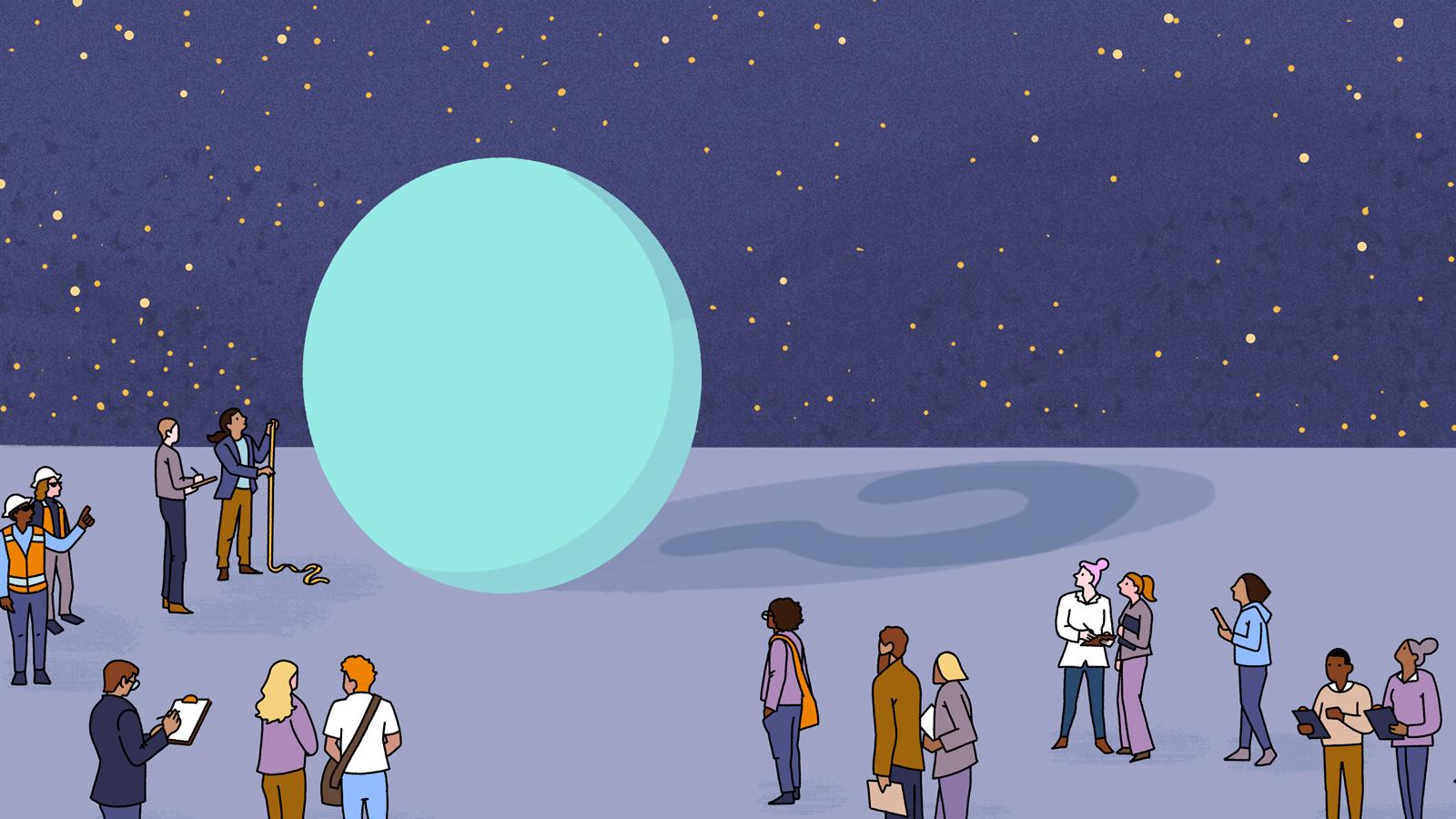 Illustration of Higgs boson w/question mark shadow and tiny scientists