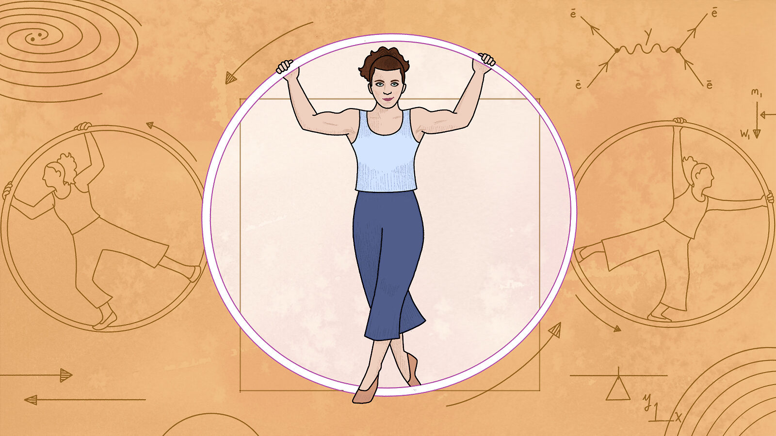 Illustration of Julia Ruth in Cyr wheel, physics equations and other views of Ruth in Cyr wheel in background