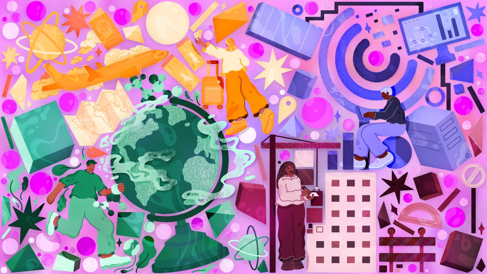Illustration depicting construction, computing, greenhouse gases and travel