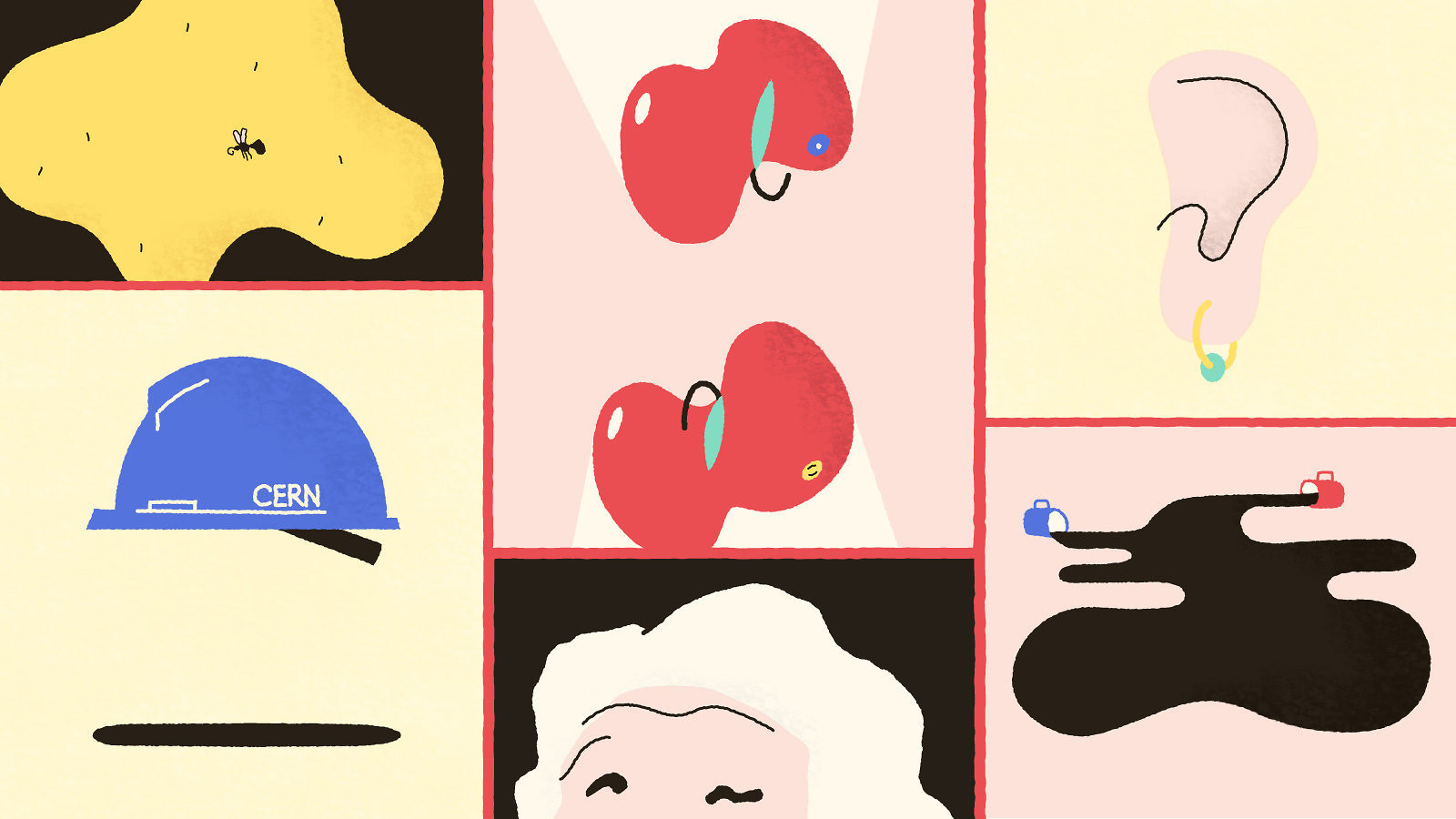 Illustration of a mosquito in amber, two apples colliding, an ear, a hard hat with the CERN logo, Einsteins head, spilled coffee