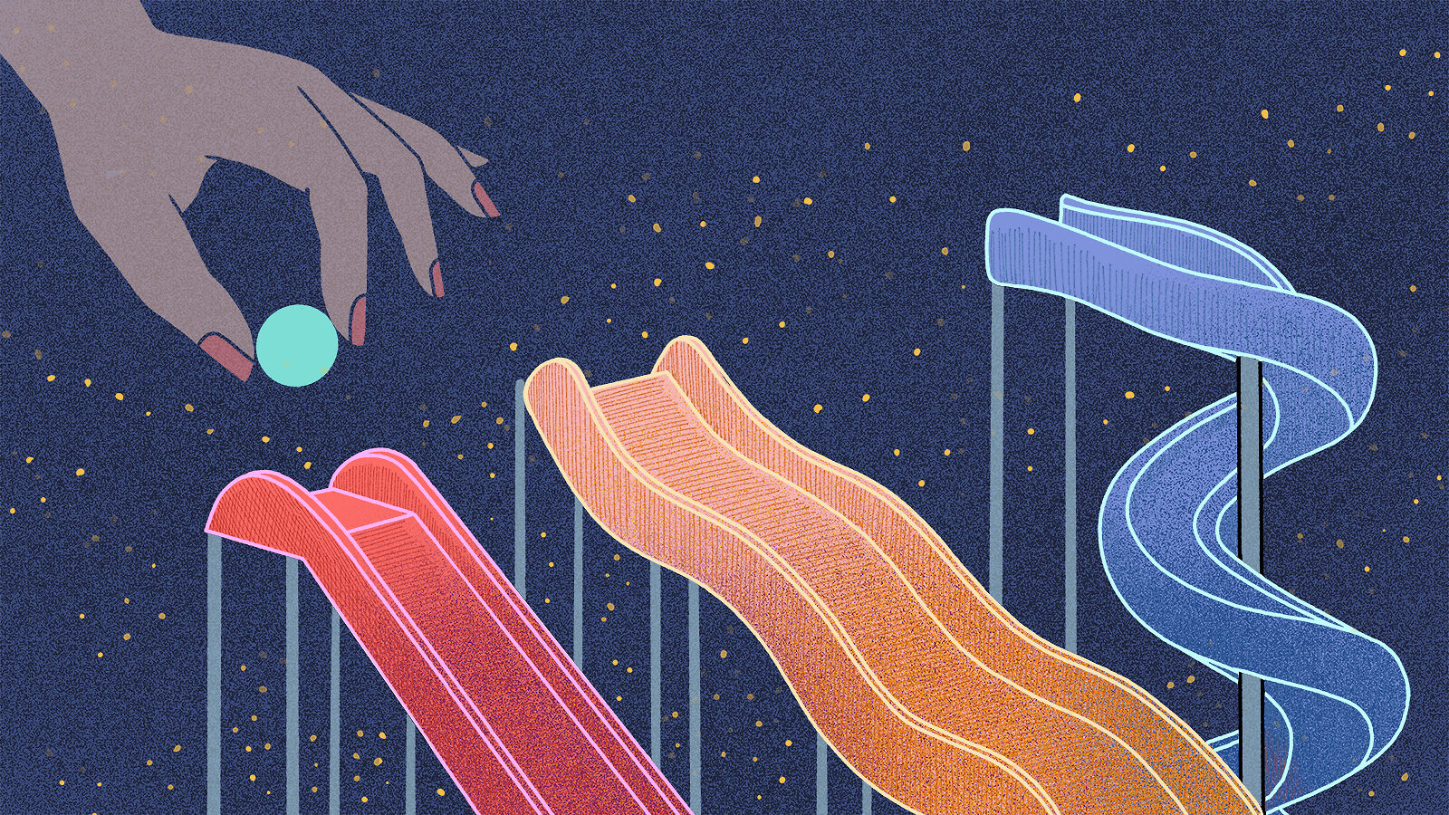 Illustration of hot, warm, and cold dark matter particle marble run