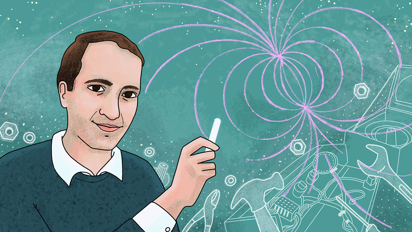 Illustration of Maldacena holding chalk in front of a blackboard