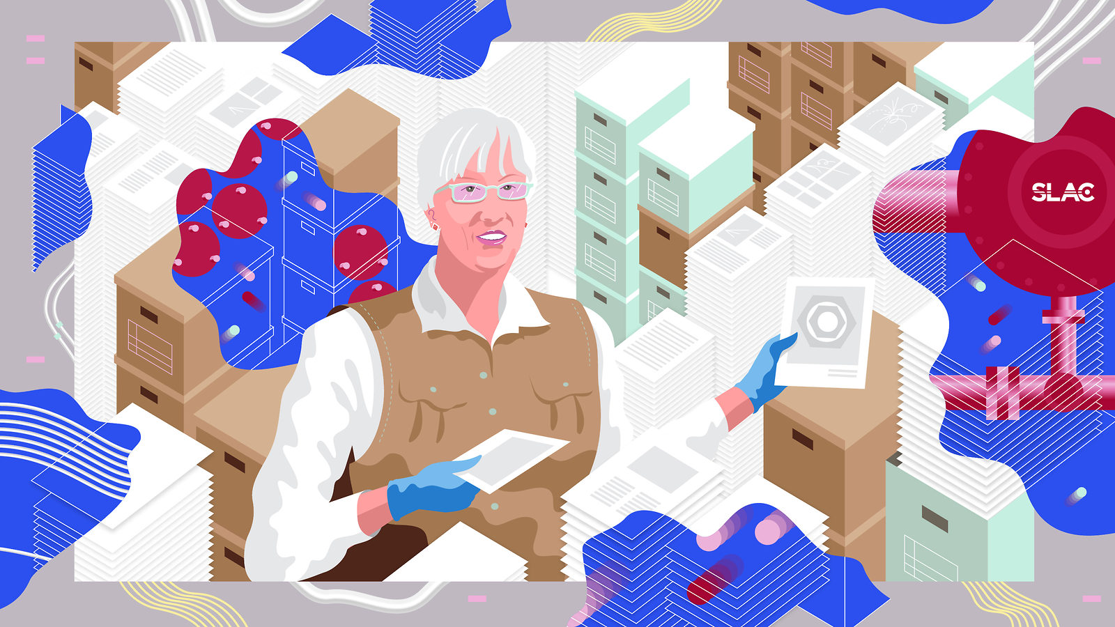 Illustration of Jean Deken holding abstract "strings" of timelines, file boxes, stacks of paper(pink, white, tan, blue, magenta)