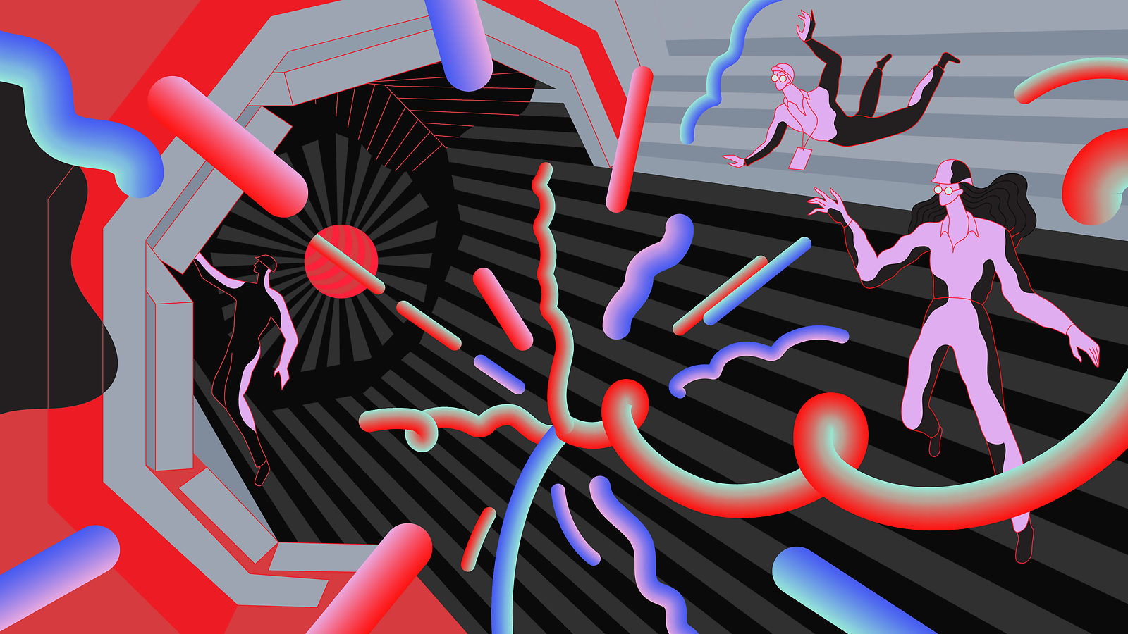 Illustration of scientists interacting with the LHC