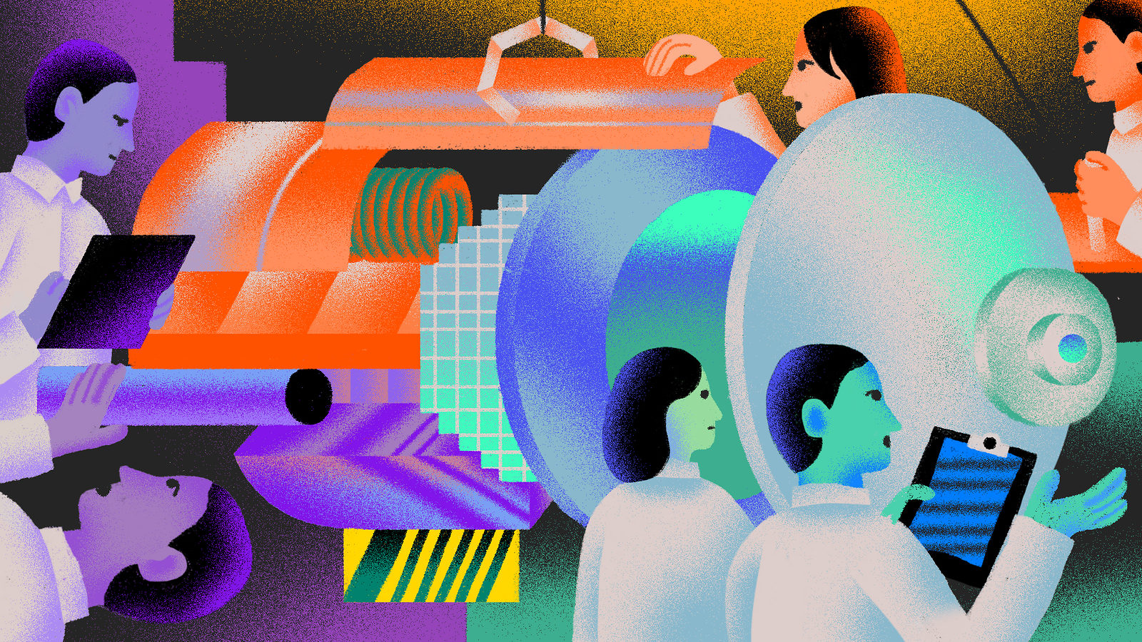 An illustration of technicians assembling the LSST