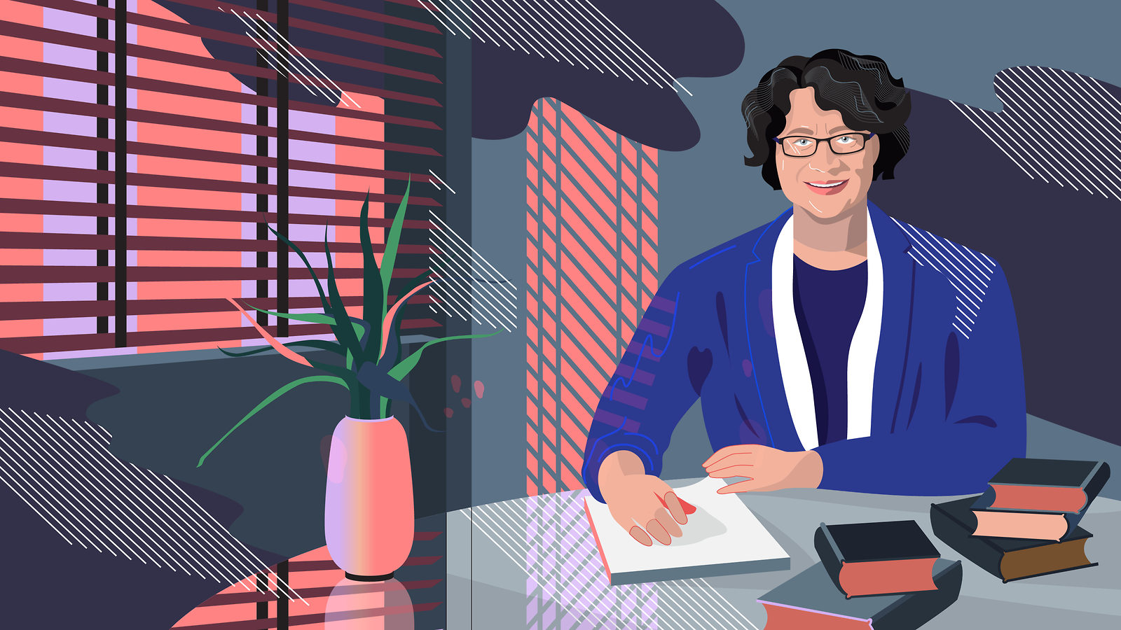 Illustration of Lia Merging seated at a desk