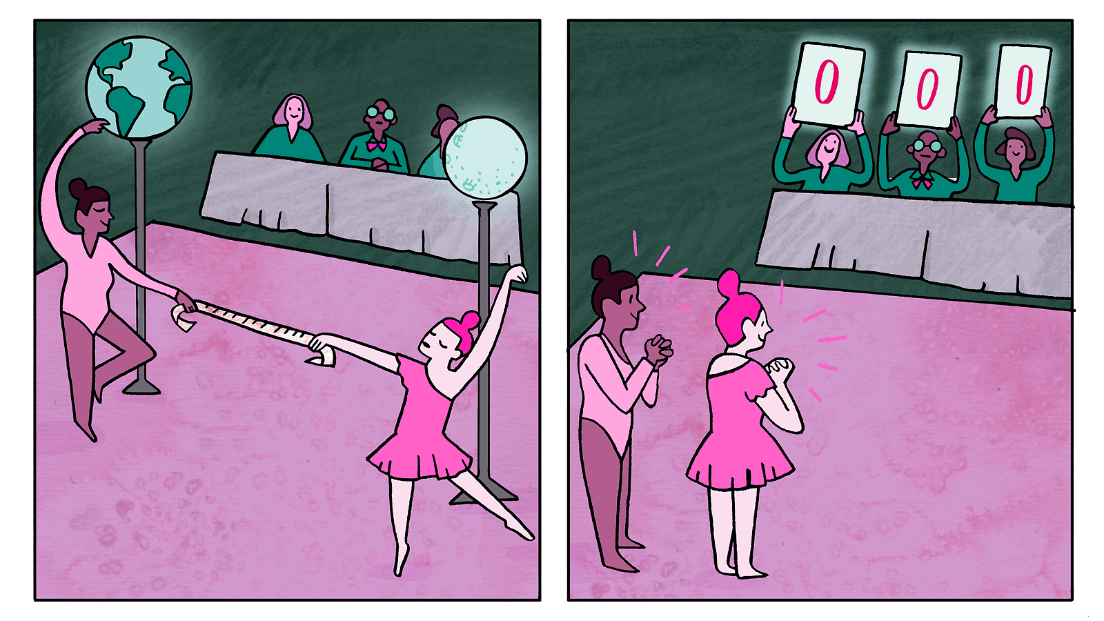 Illustration of gymnasts measuring distance between Earth and moon, judges score a zero and gymnasts a happy
