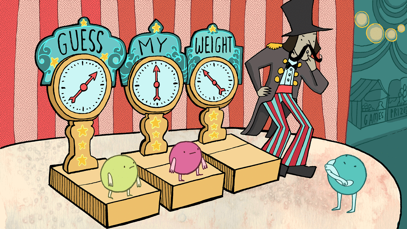 Illustration of two neutrinos on guess my weight scales, third one about to get on