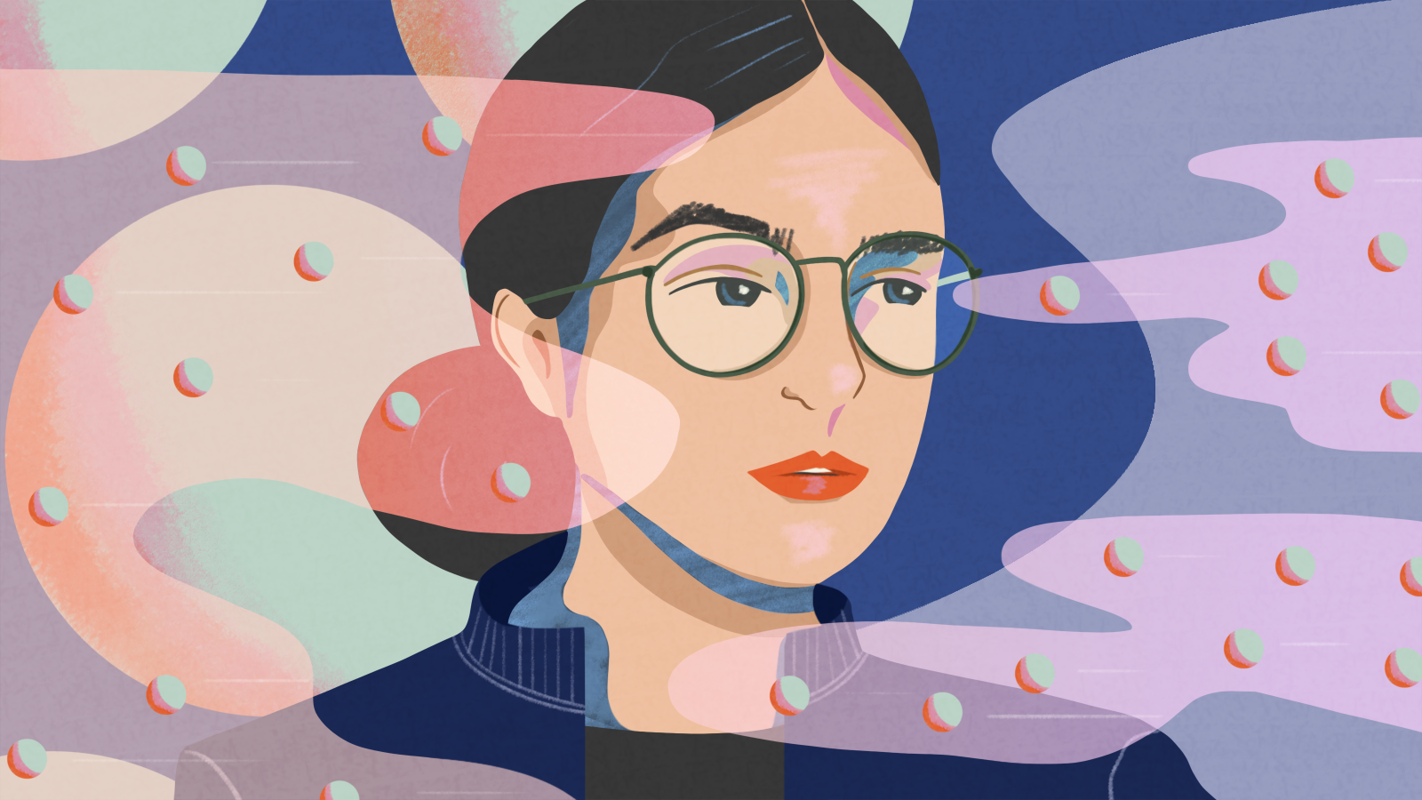 Illustration: A scientist studies the forms before her without realizing the forms behind her