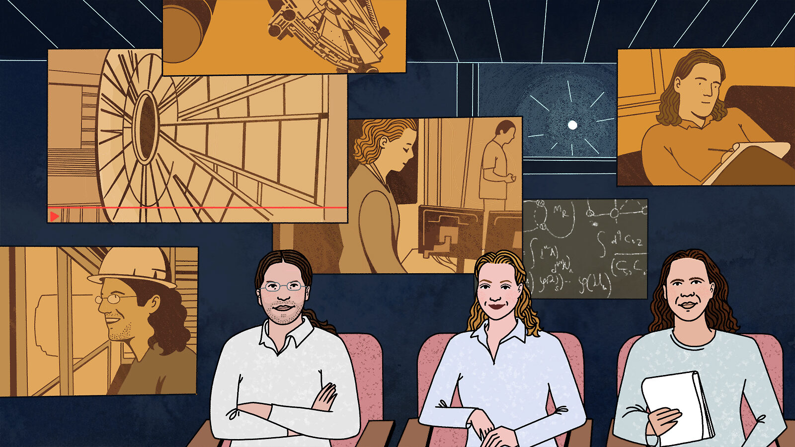 Illustration: Kaplan, Arkani-Hamed, Dunford in foreground, sitting in theater, clips of documentary overlaying background