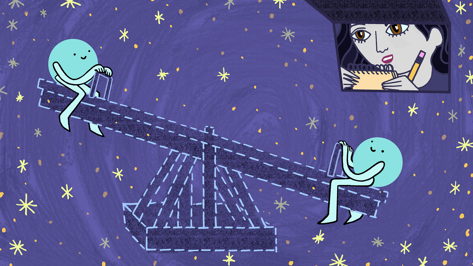 An illustration of particles on a celestial seesaw