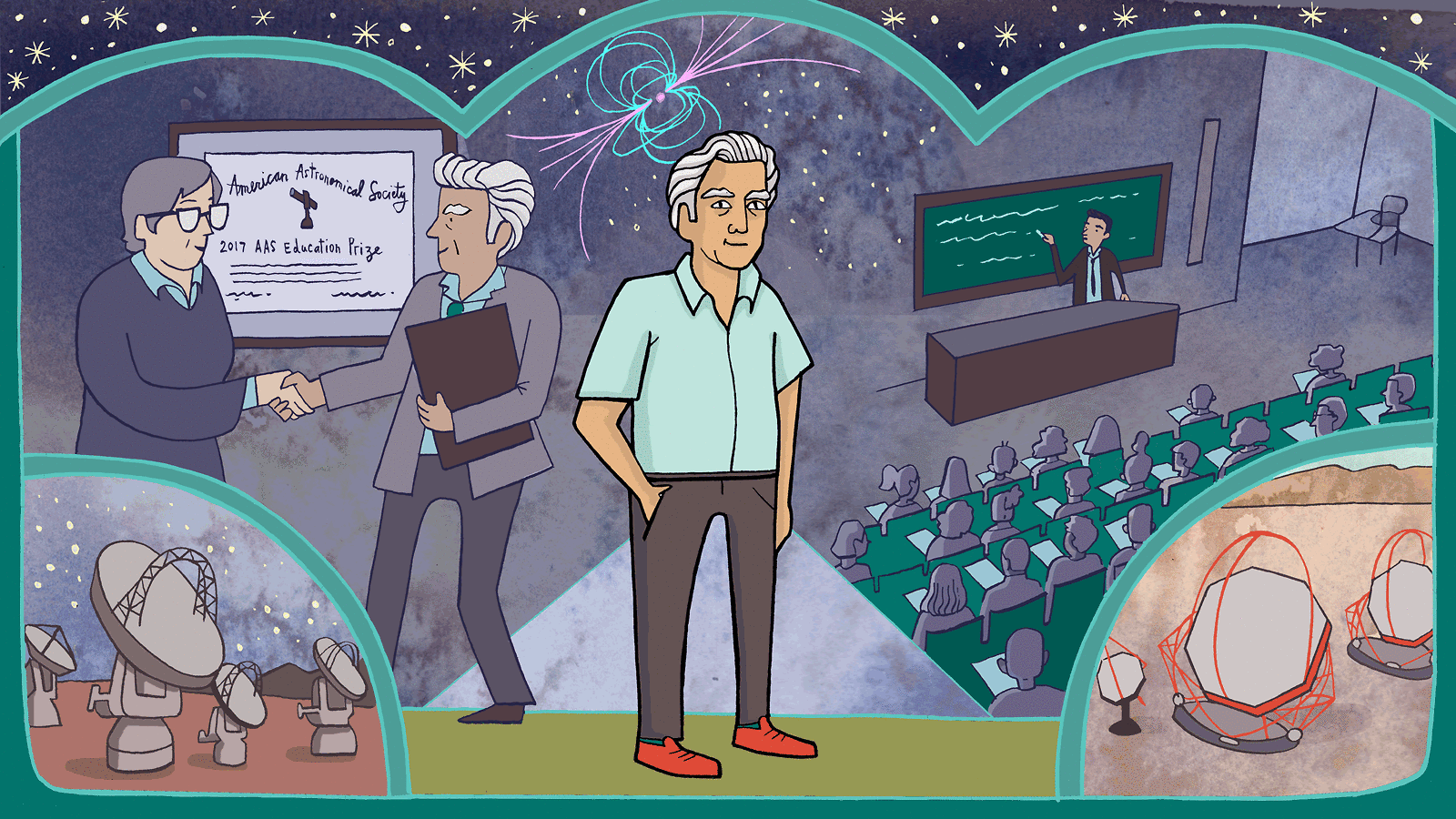Illustration of Hernán Quintana Godoy meeting people and a classroom