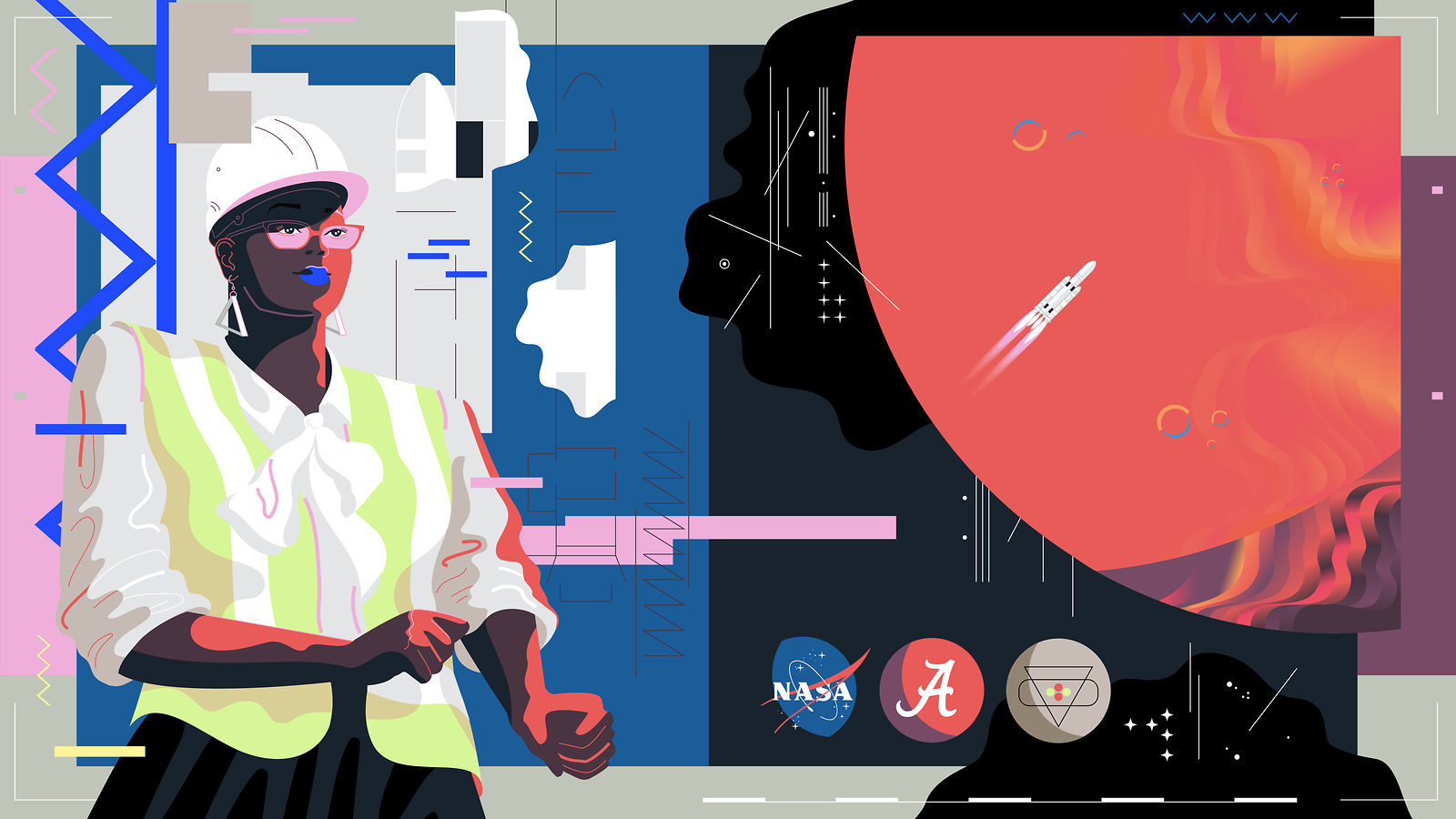 Illustration of Renee Horton, NASA, planet, spaceship (red, black, blue, purple, grey, white, purple)