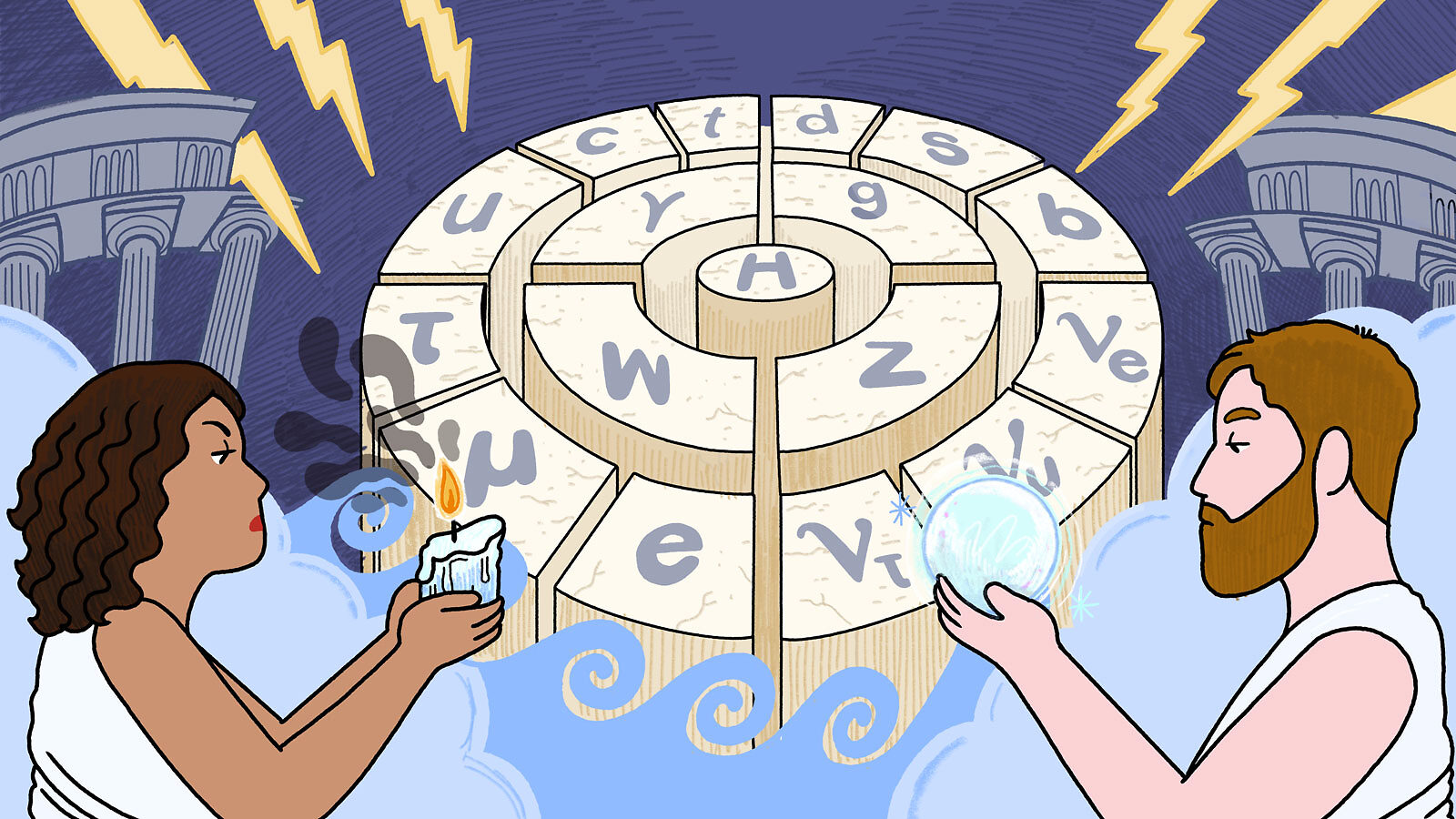 Illustration of two people prognosticating in front of the Standard Model