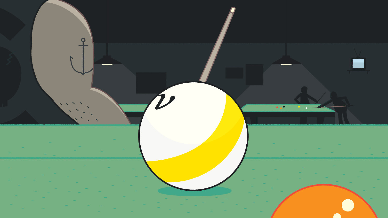 Billiard ball with nu symbol on it sits of pool table 