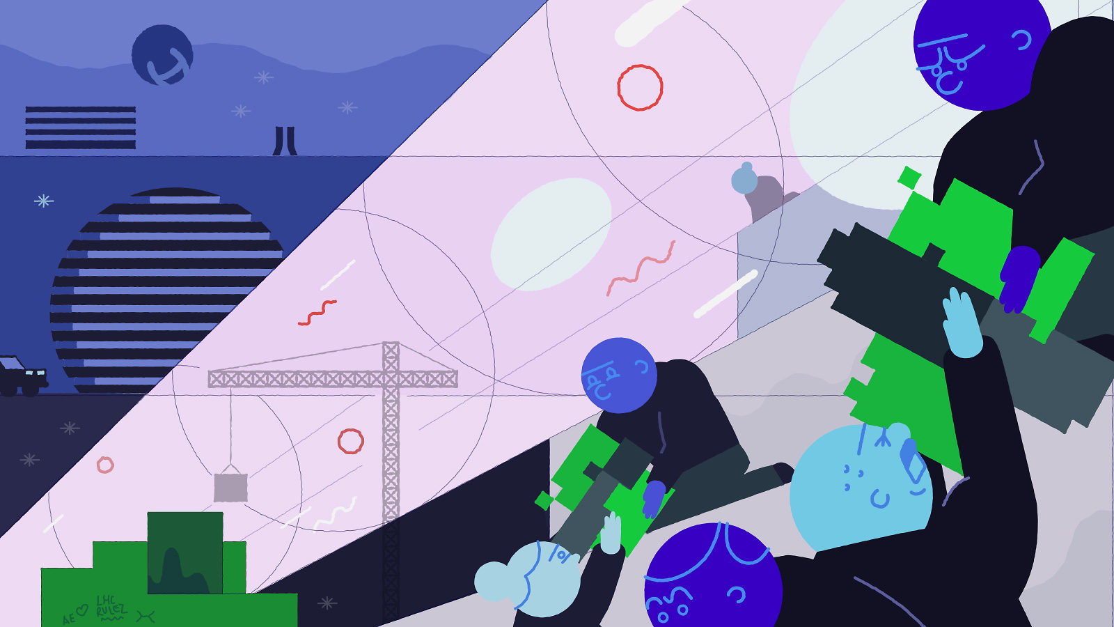 Illustration of people working on the LHC software, building blocks