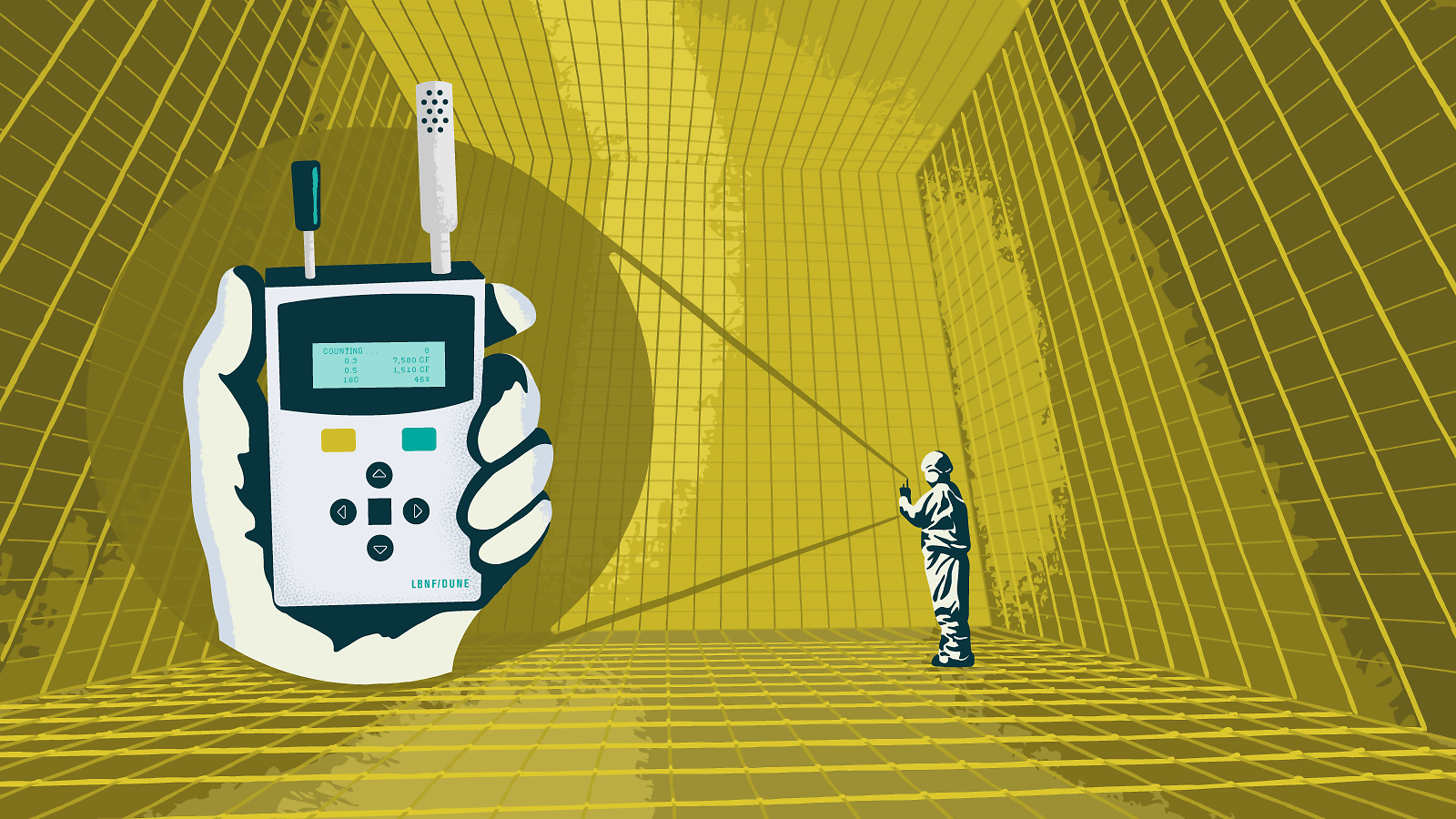 Hand-help particle counter help by technician in DUNE detector