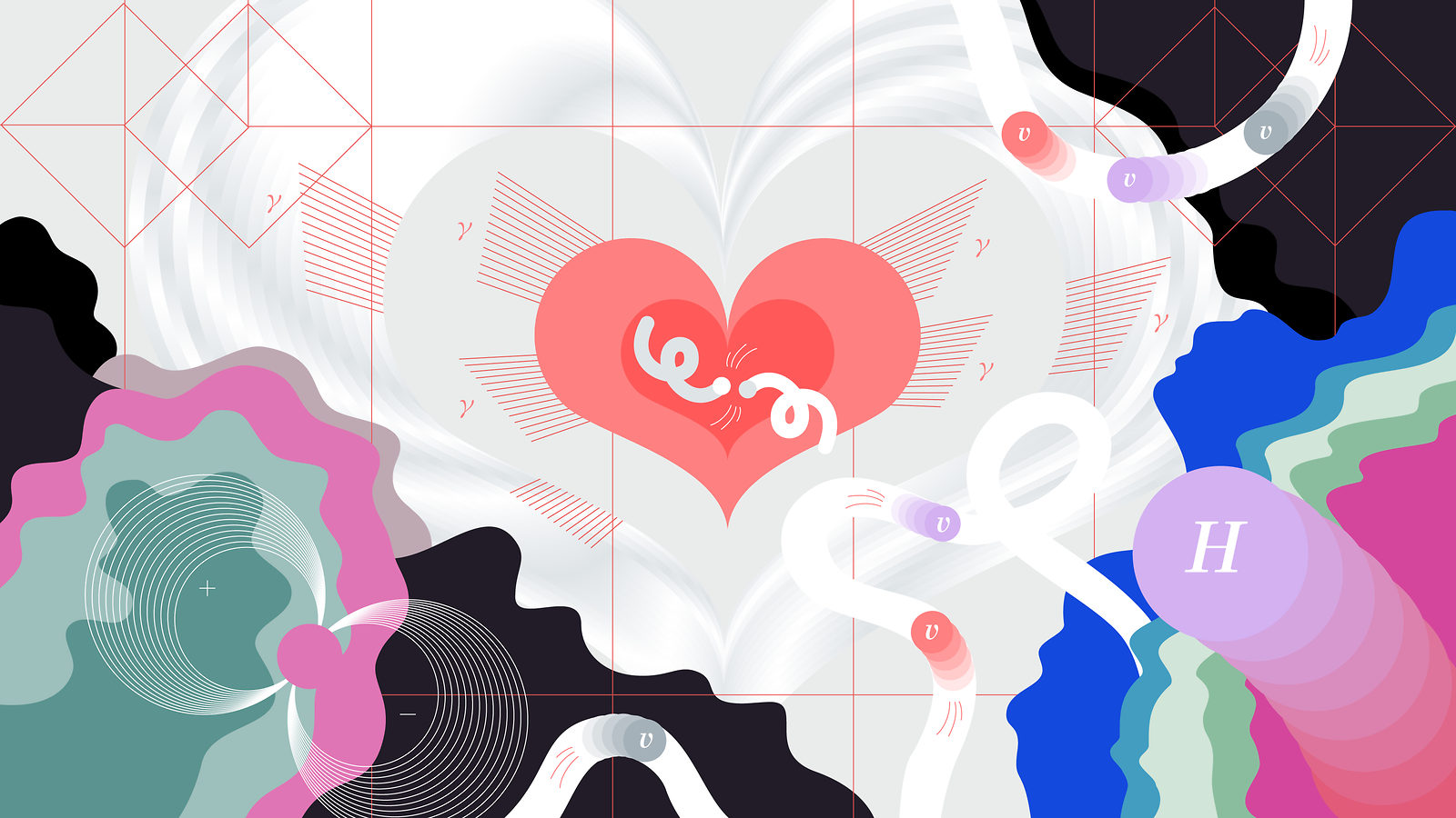 Illustration of heart radiating gamma particles at the center of the image: Magnetic field lines, Higgs particles, and neutrinos
