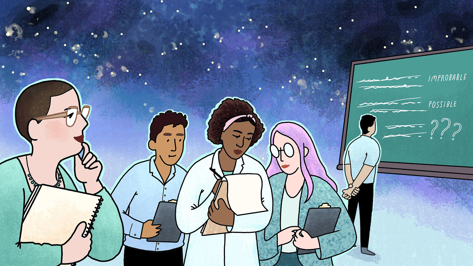 Illustration of scientists considering the possibilities of dark matter