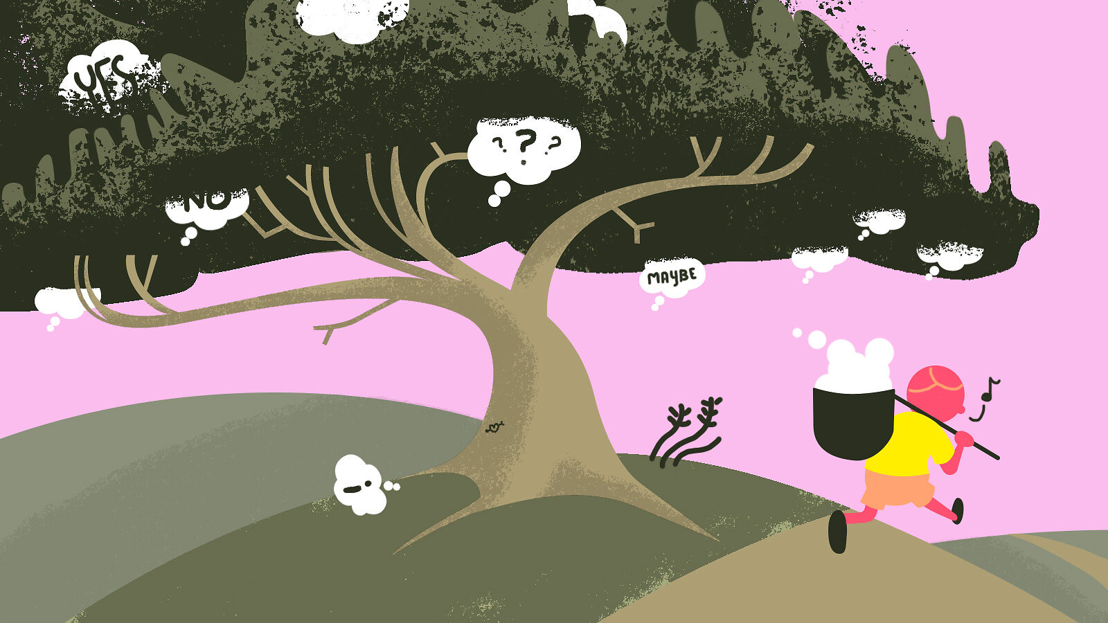 Illustration of a tree with thought bubbles as fruit
