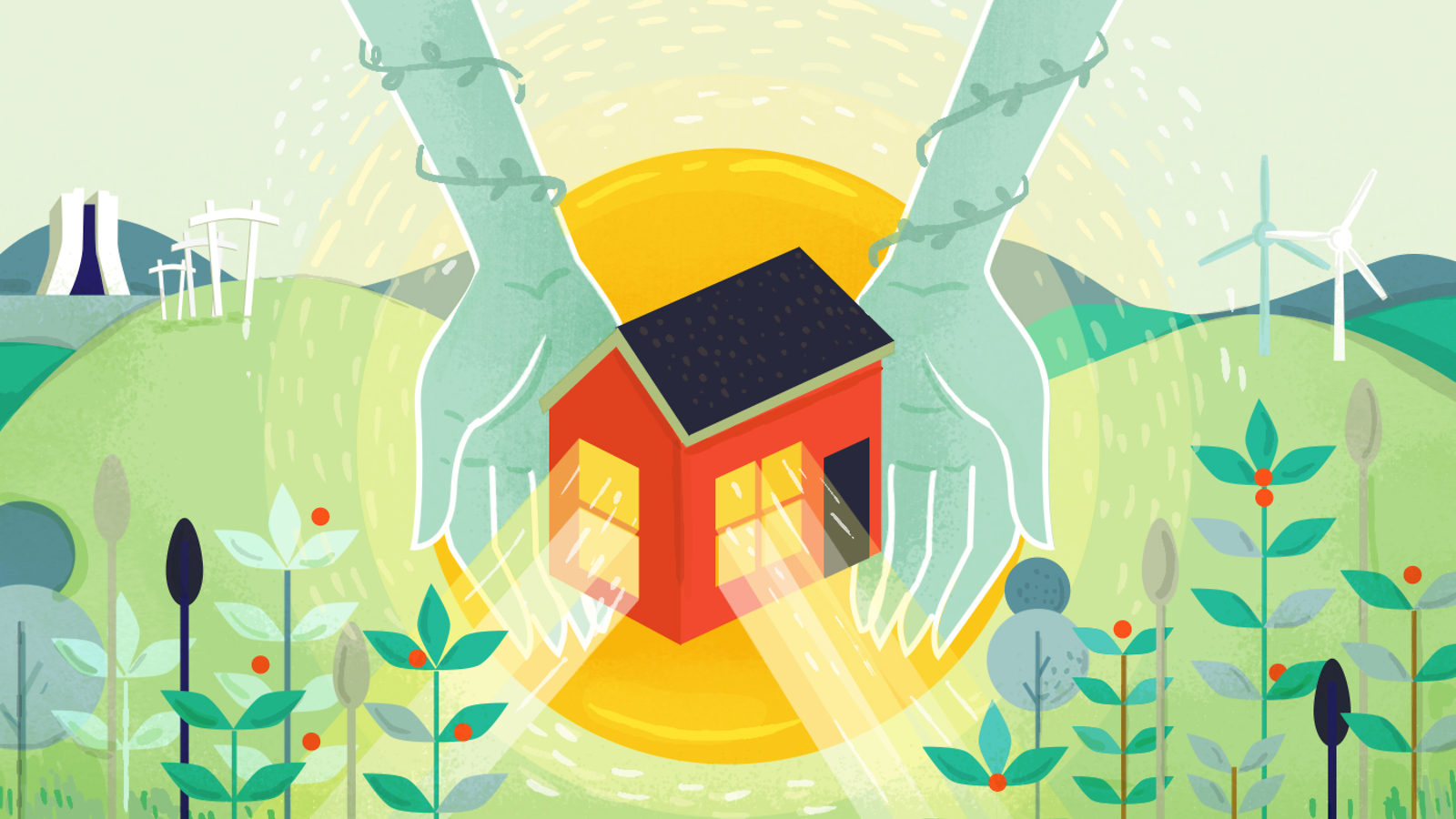 Illustration of Day in Life: Lucy DeBarbaro: hred house in woods, with hands behind it, Wilson hall in the background 