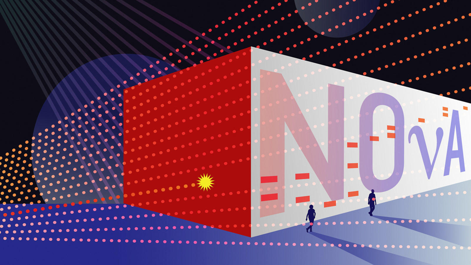 Illustration of "NOvA" written on wall with people walking past it, light rays over illustration