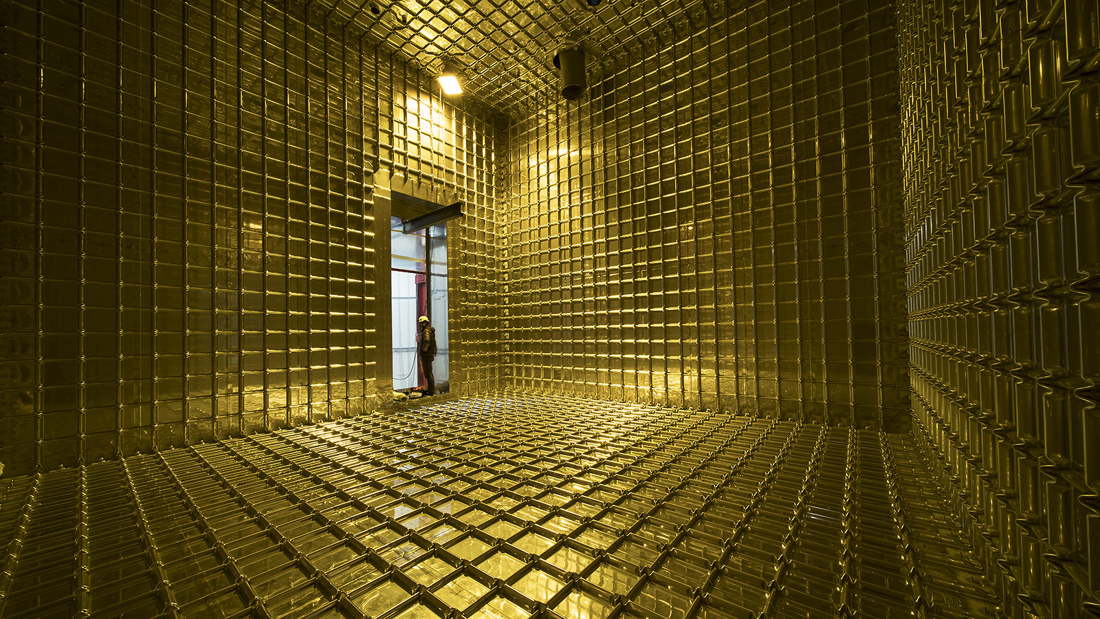 A figure is silhouetted in the opening of a gold-colored room.